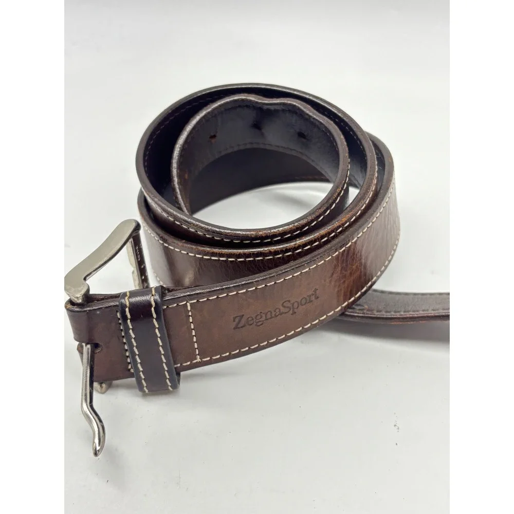 Ermenegildo Zegna Sport Mens Brown Leather Belt 34 Made in Italy Contrast Stitch